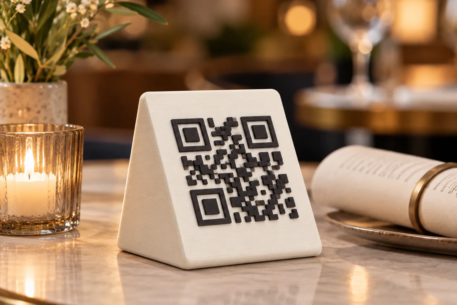 Soporte de mesa con código QR impreso en 3D en dos colores, sobre una mesa de restaurante